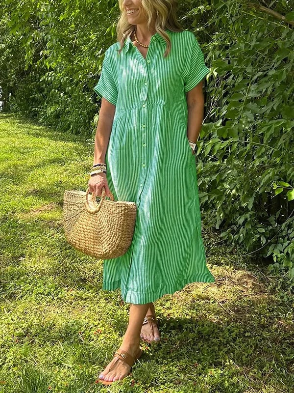 Gestreepte Jurk | Korte mouwen | Losse pasvorm | Jurk met knoopsluiting | Zomerjurk-Boutique Moda