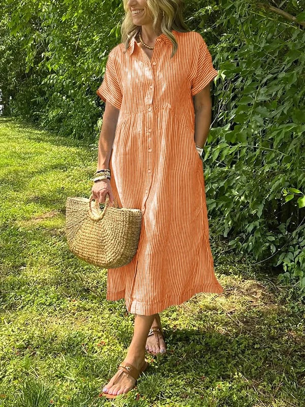 Gestreepte Jurk | Korte mouwen | Losse pasvorm | Jurk met knoopsluiting | Zomerjurk-Boutique Moda