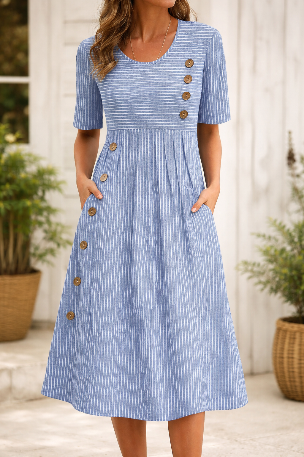 Gestreepte jurk - Casual - Korte mouwen - Midijurk - Zomerjurk-Boutique Moda