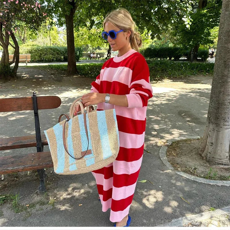 Gestreepte jurk – Casual – Losse pasvorm – Jurk met lange mouwen – Midijurk-Boutique Moda