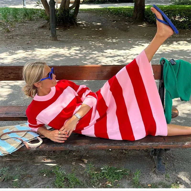 Gestreepte jurk – Casual – Losse pasvorm – Jurk met lange mouwen – Midijurk-Boutique Moda