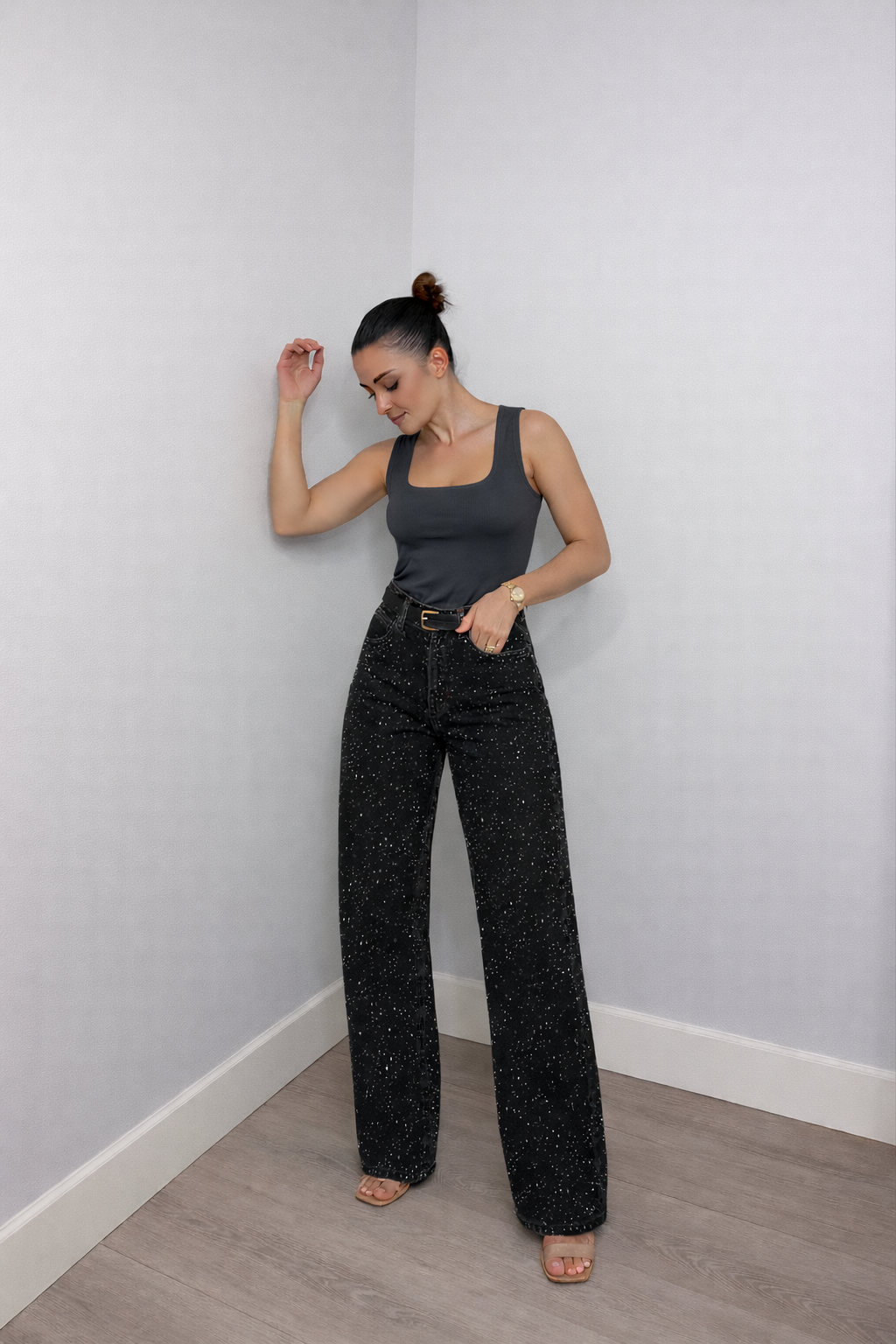 Glitter Jeans | Hoge Taille | Sprankelend | Jeans met Wijde Benen | Dames Jeans-Boutique Moda