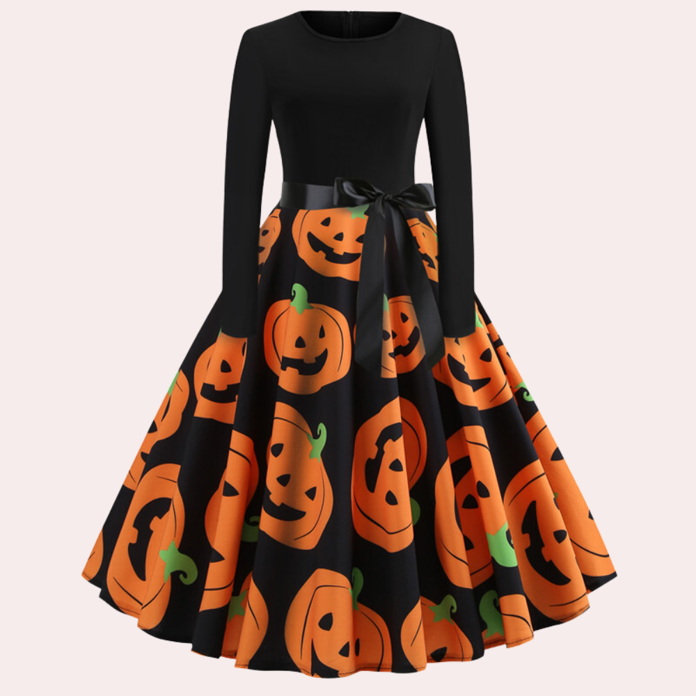 Halloween-jurk | Pompoenprint | Lange mouwen | A-lijn jurk | Damesjurk-Boutique Moda