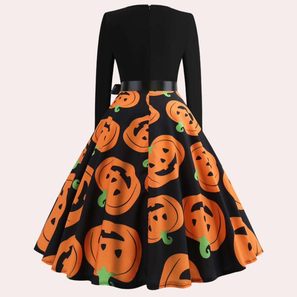 Halloween-jurk | Pompoenprint | Lange mouwen | A-lijn jurk | Damesjurk-Boutique Moda