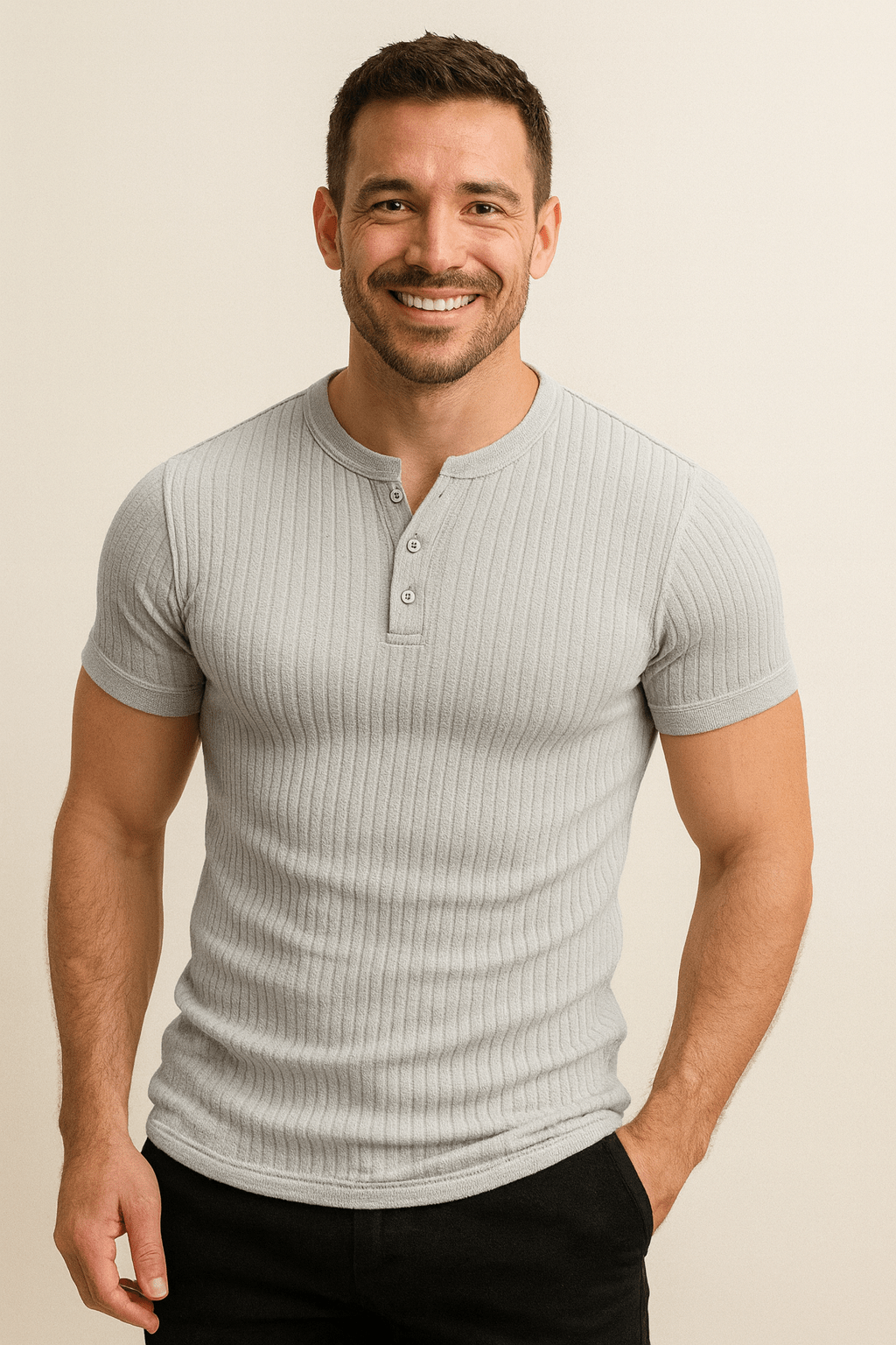 Henley-T-shirt | Geribbeld | Smal gesneden | Gebreid T-shirt | Herenhemd-Boutique Moda