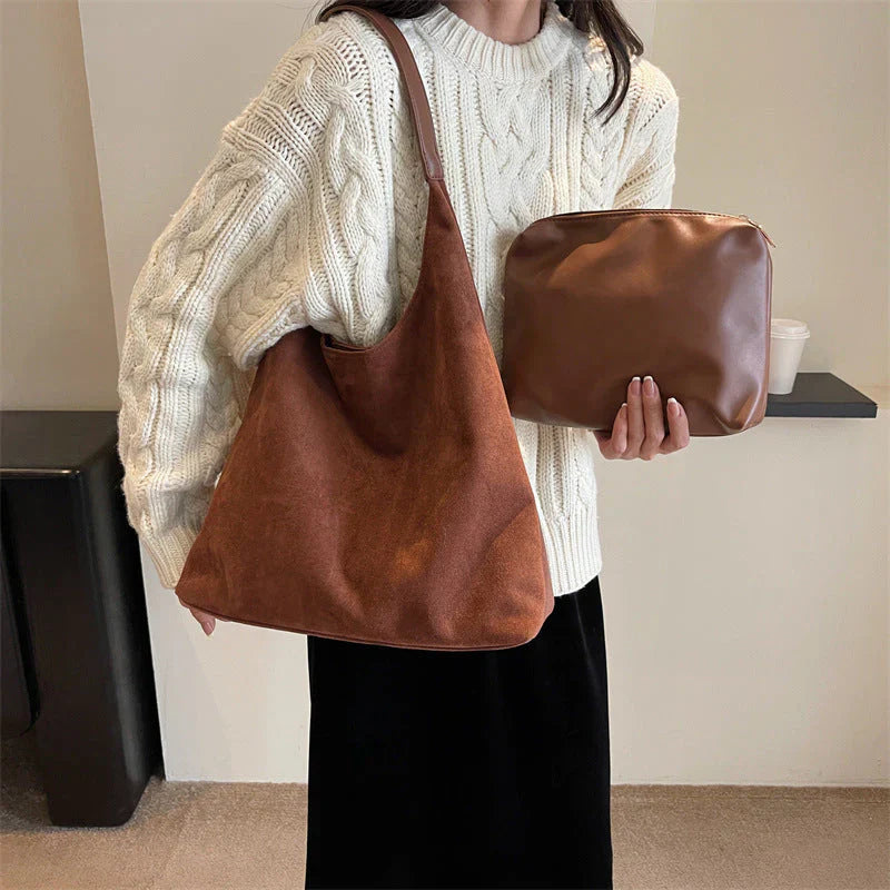 Hobo Tas Dames | Grote Suède-look Schoudertas | Shopper met Binnenvak-Boutique Moda