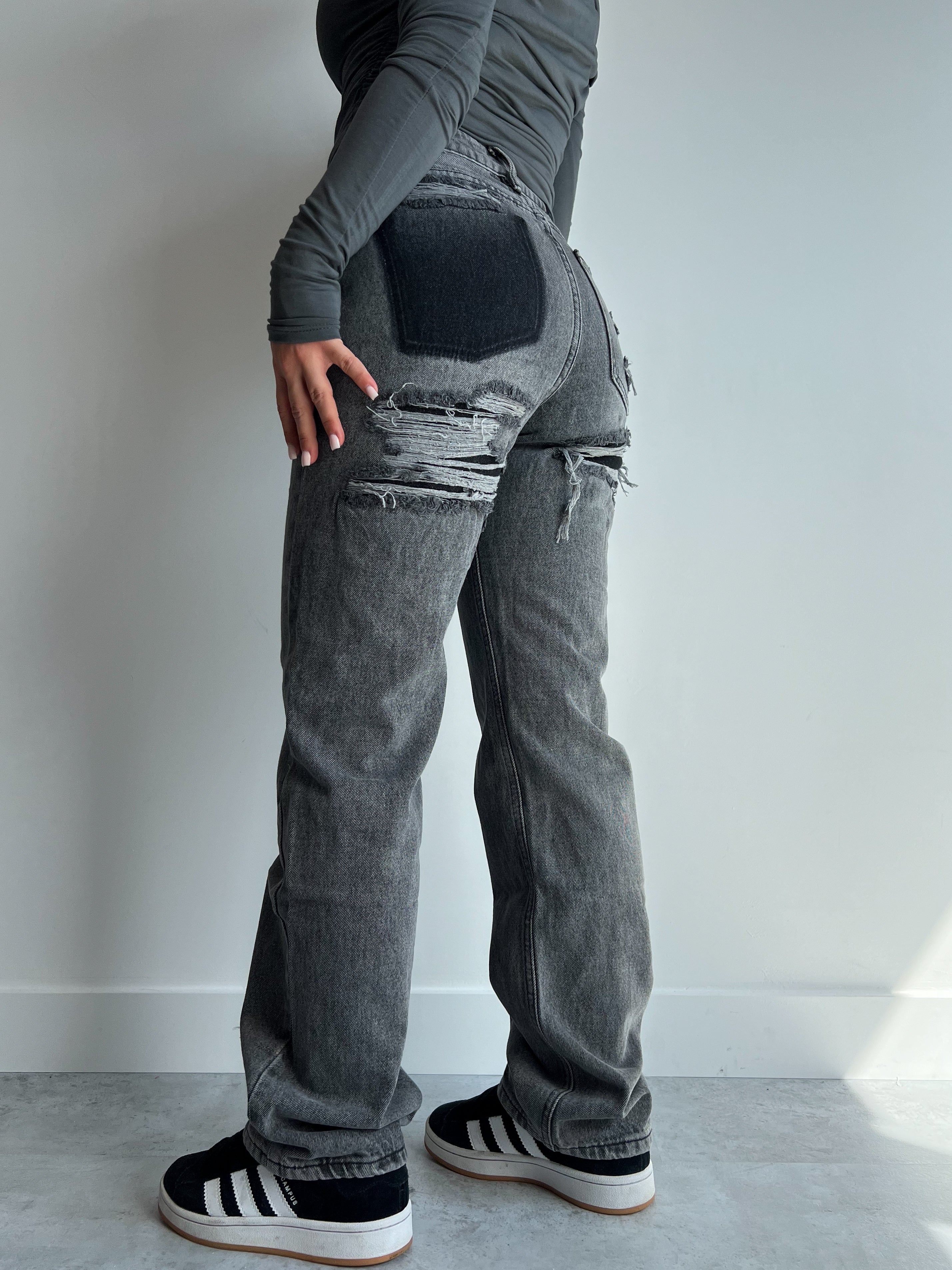 Hoge Taille Jeans | Ripped | Grijs | Jeans met Rechte Pijpen | Damesjeans-Boutique Moda