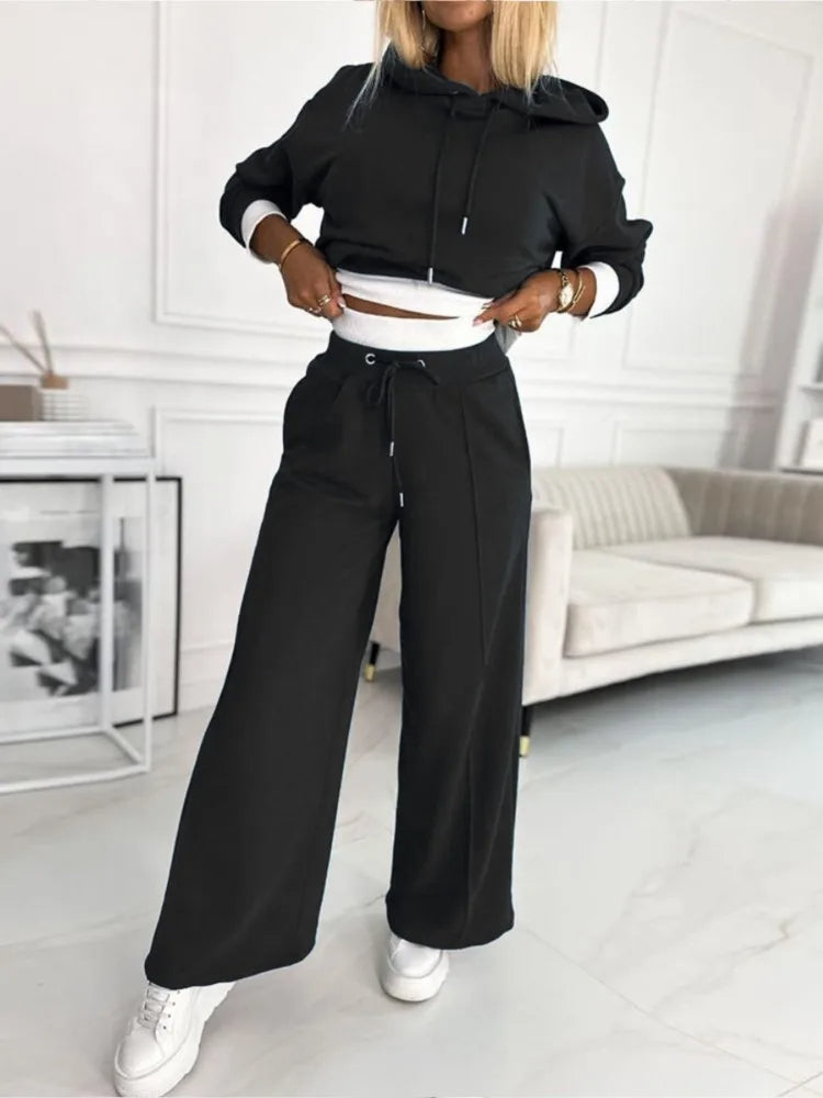 Hoodie en Jogger Set | Korte Hoodie | Wijde Pijpen | Joggingpak | Co-Ord Set Dames