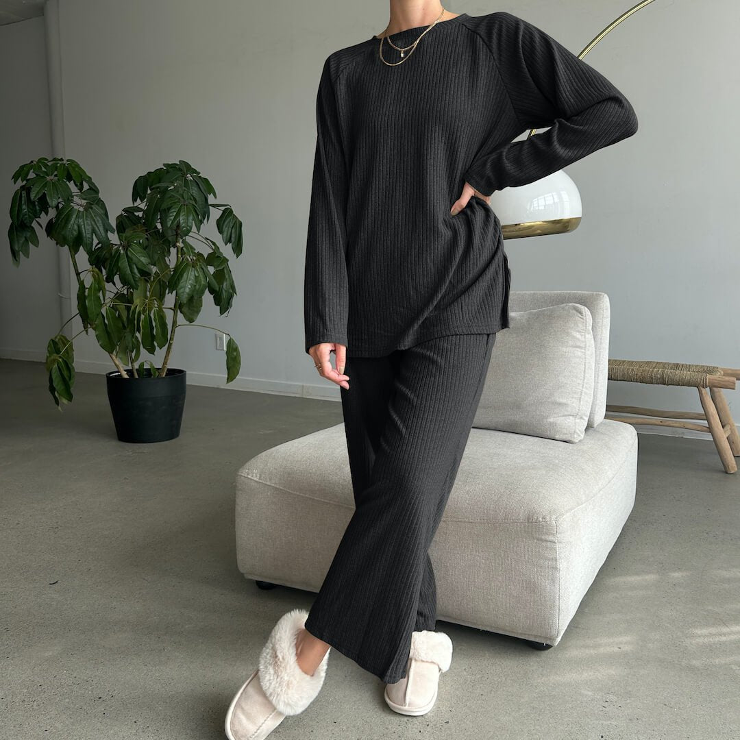 Huispak Dames | Ribgebreid Tweedelig | Camel Beige Zwart-Boutique Moda