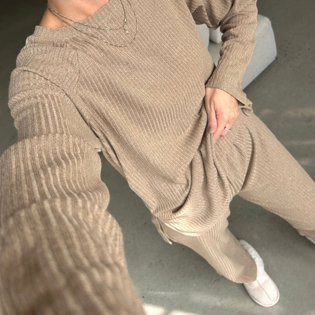 Huispak Dames | Ribgebreid Tweedelig | Camel Beige Zwart-Boutique Moda