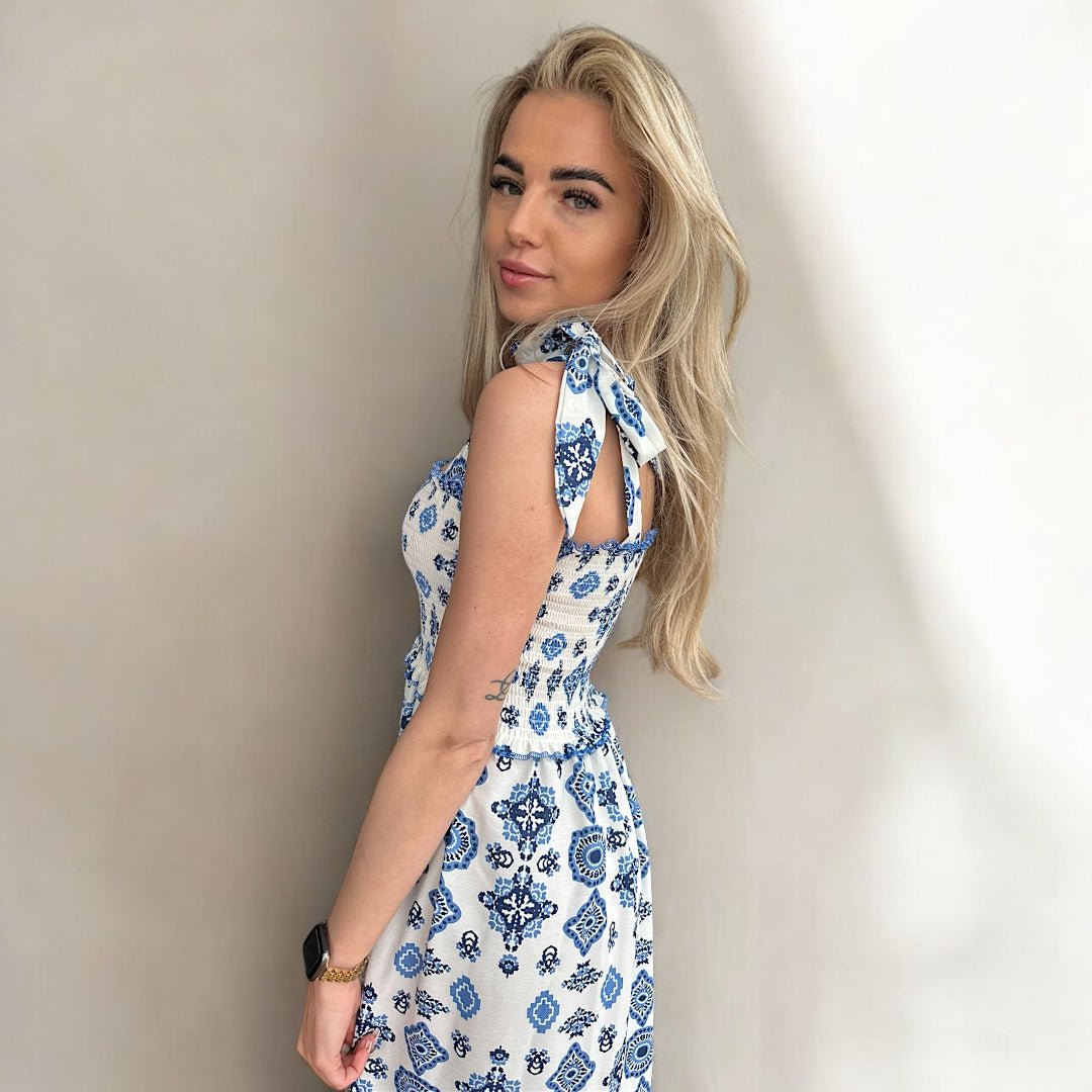 Blauw wit bedrukte maxi jurk 3