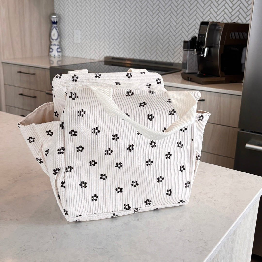 Ribfluwelen lunchtas met print 2