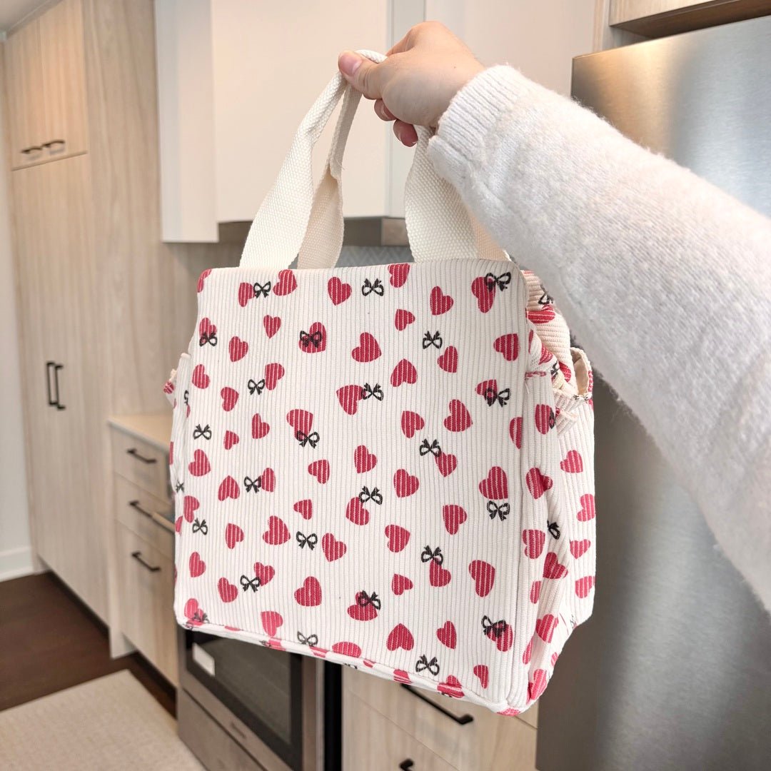 Ribfluwelen lunchtas met print 4