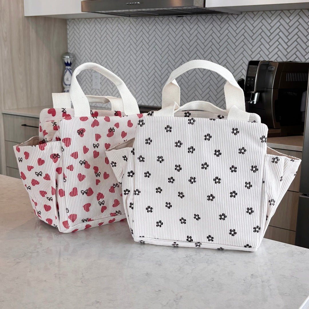 Ribfluwelen lunchtas met print 5
