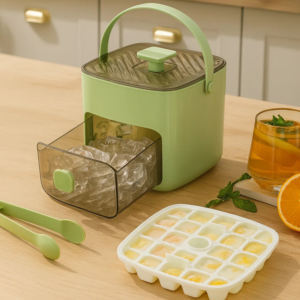 IJsblokjes Doos met Drukfunctie | 48 Blokjes | Dubbele Lade & Tang | Wit of Groen-Boutique Moda