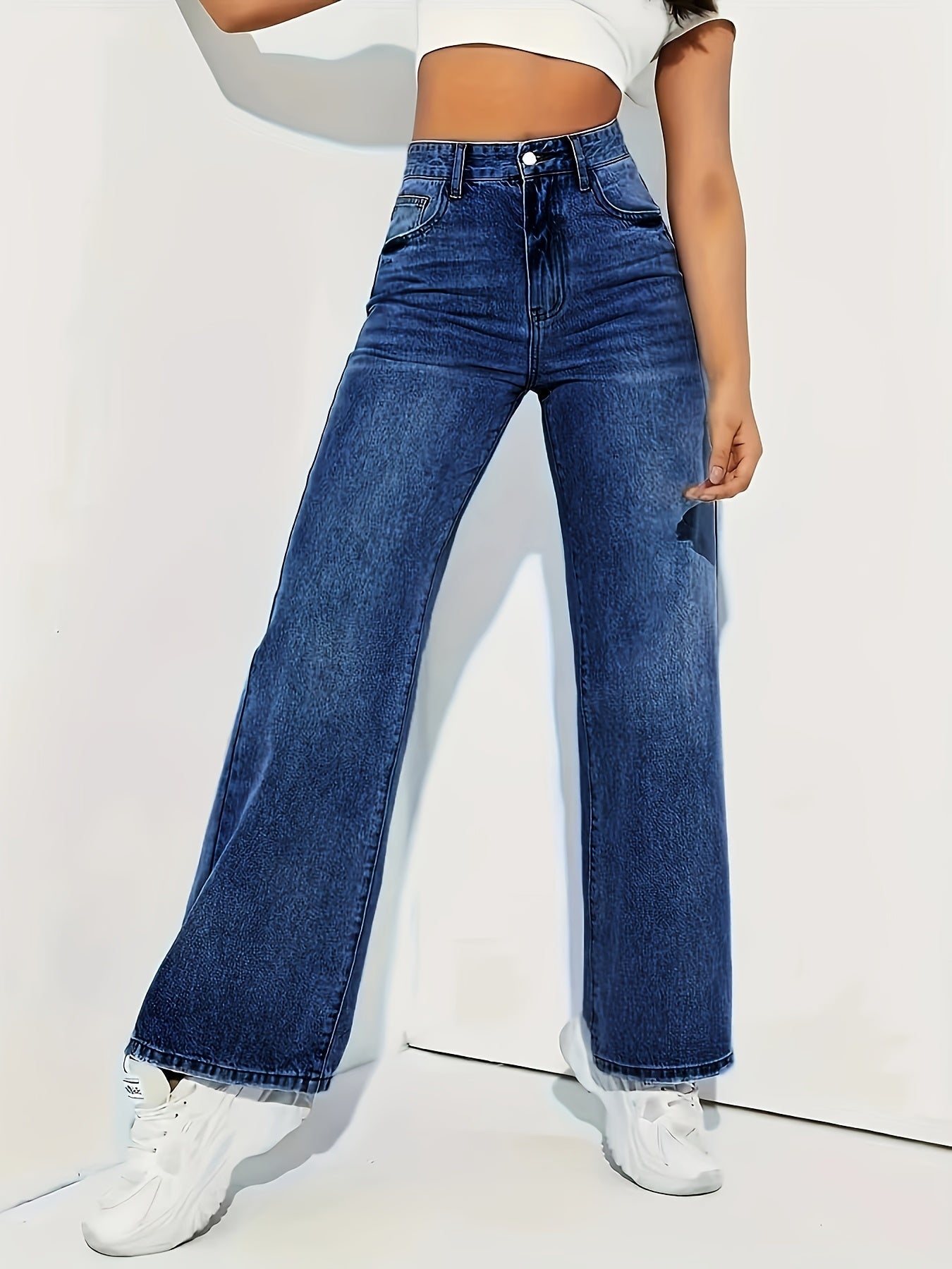 Jeans met wijde pijpen - Blauwe damesjeans met hoge taille-Boutique Moda