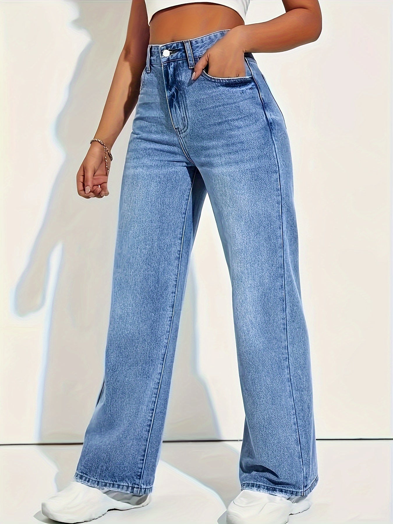 Jeans met wijde pijpen - Blauwe damesjeans met hoge taille-Boutique Moda