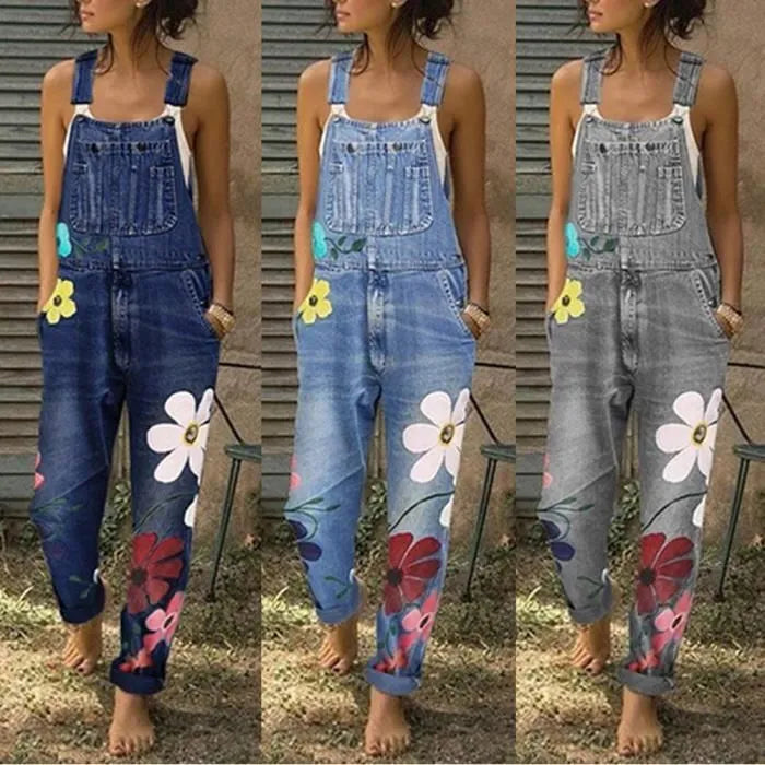 Jeans-tuinbroeken – Casual tuinbroeken voor dames met bloemenprint-Boutique Moda