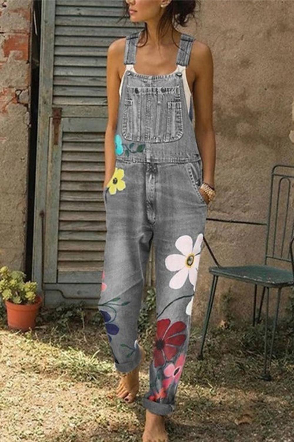 Jeans-tuinbroeken – Casual tuinbroeken voor dames met bloemenprint-Boutique Moda
