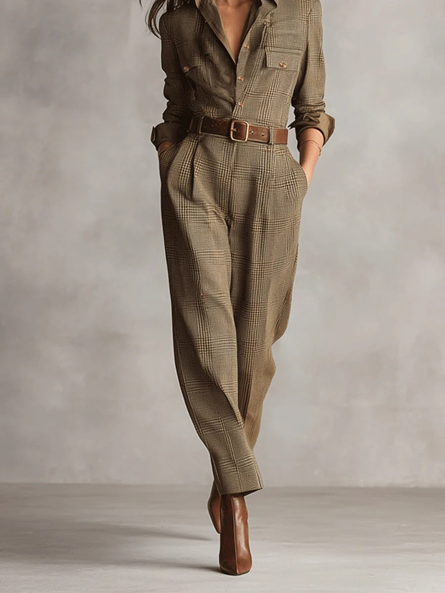 Jumpsuit - Jumpsuit met lange mouwen en ruitjesmotief voor dames, met knopen-Boutique Moda