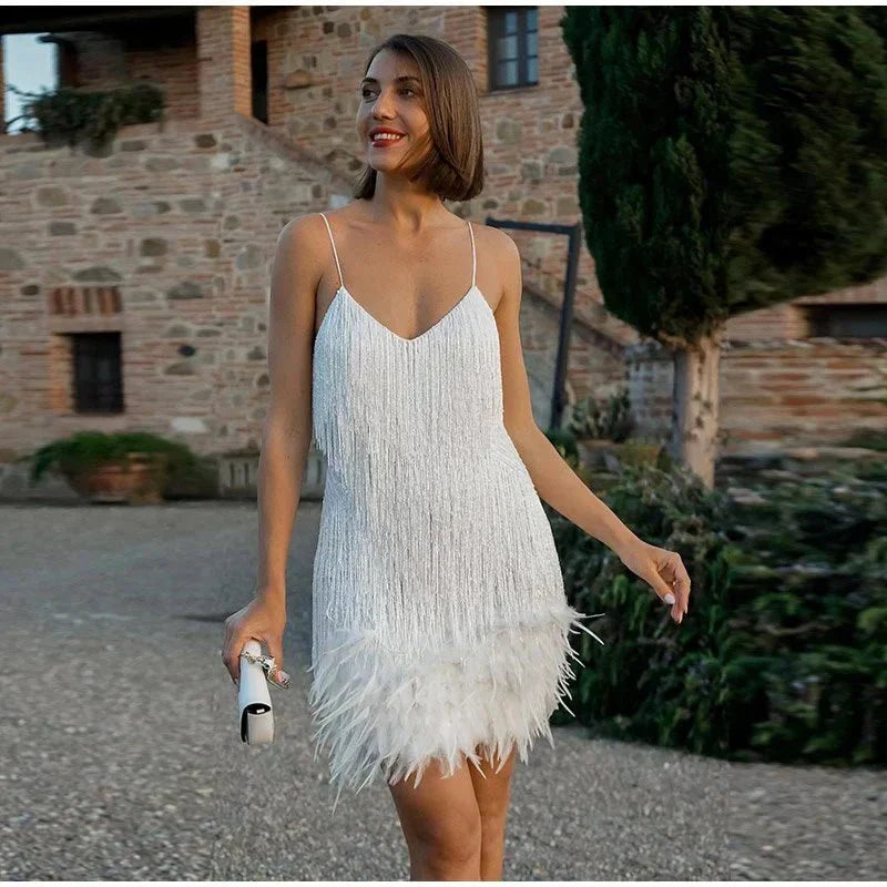 Jurk met kwastjes - Mini - Spaghettibandjes - Jurk met pailletten - Feestjurk-Boutique Moda