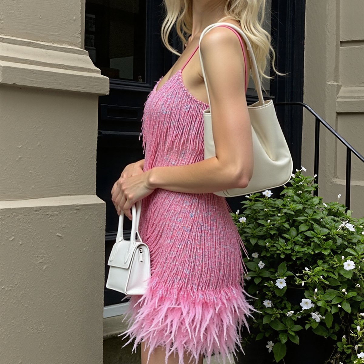 Roze pailletten jurk met franjes en spaghettibandjes, gedragen door blonde vrouw | Boutique Moda