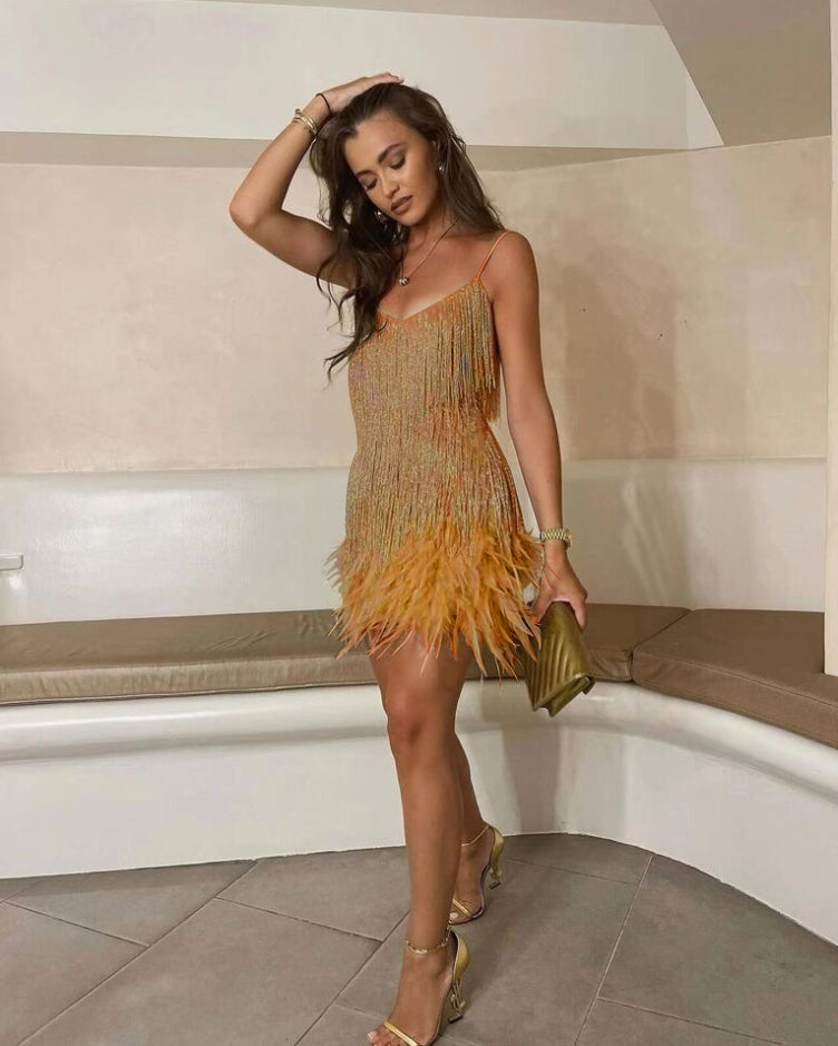 Jurk met kwastjes - Mini - Spaghettibandjes - Jurk met pailletten - Feestjurk-Boutique Moda