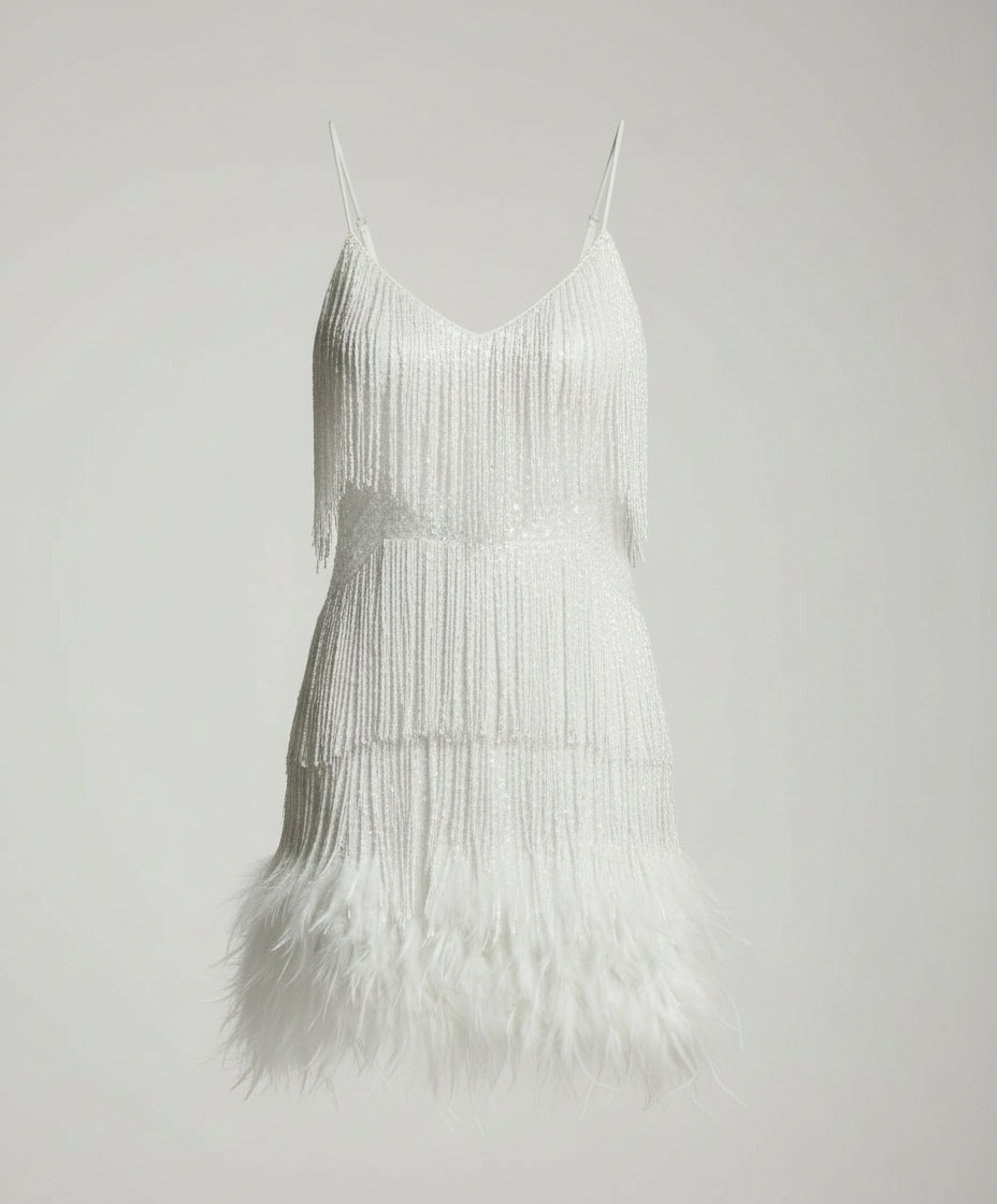 Jurk met kwastjes - Mini - Spaghettibandjes - Jurk met pailletten - Feestjurk-Boutique Moda