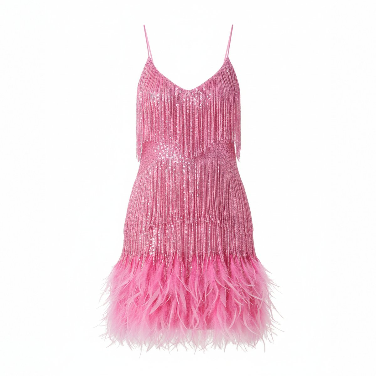 Roze pailletten mini-jurk met kwastjes en veren, plat gefotografeerd | Boutique Moda