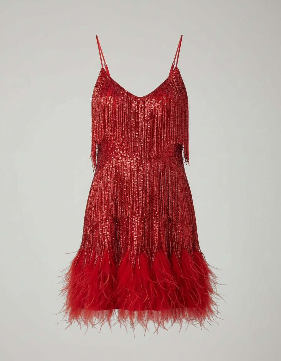 Jurk met kwastjes - Mini - Spaghettibandjes - Jurk met pailletten - Feestjurk-Boutique Moda
