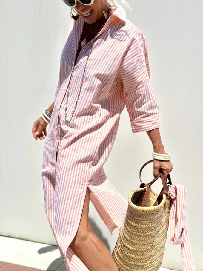 Jurk met overhemd | Button-Up | Lange Mouwen | Midi Jurk | Gestreepte Jurk-Boutique Moda