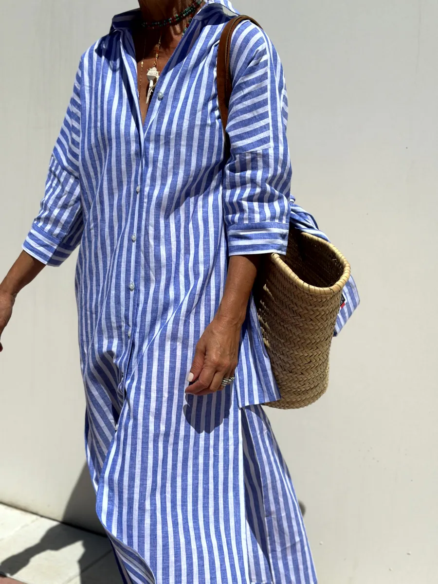 Jurk met overhemd | Button-Up | Lange Mouwen | Midi Jurk | Gestreepte Jurk-Boutique Moda