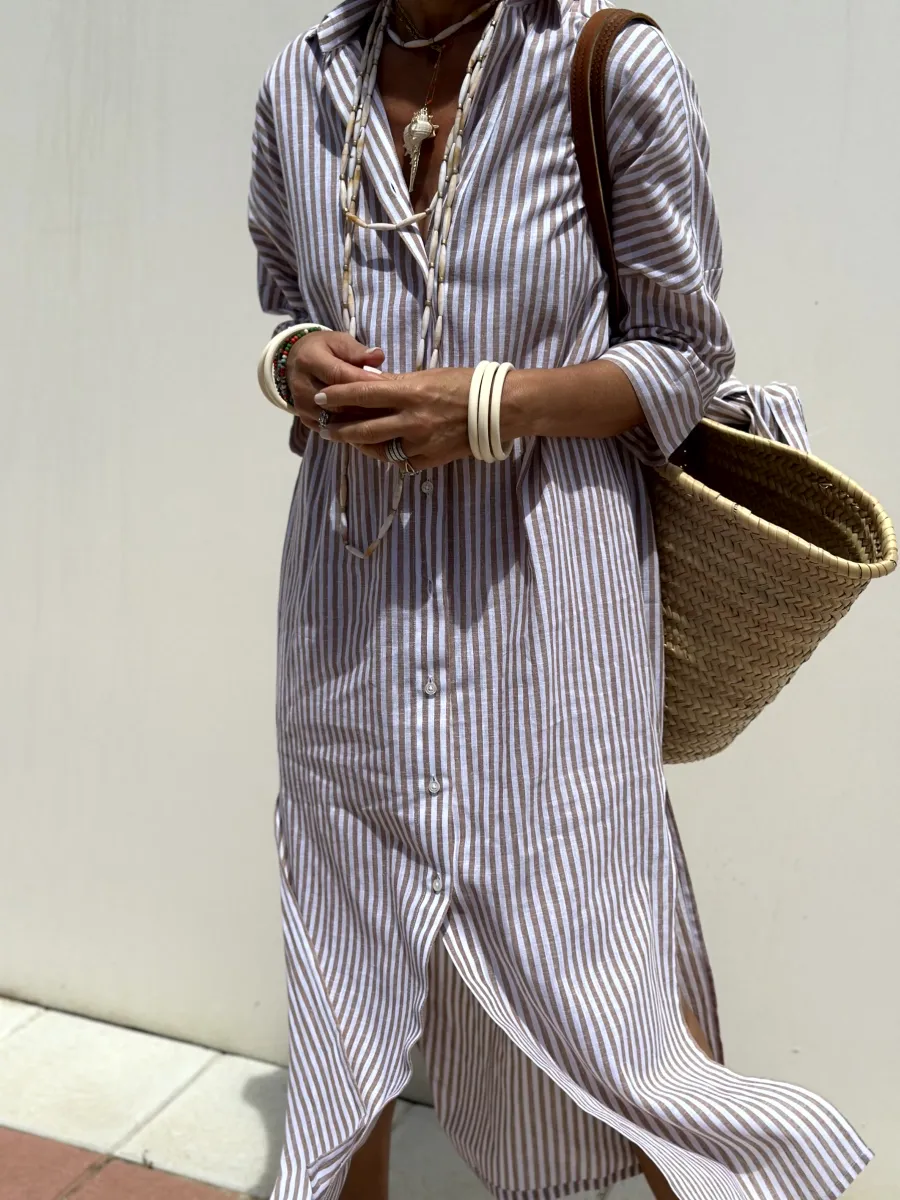 Jurk met overhemd | Button-Up | Lange Mouwen | Midi Jurk | Gestreepte Jurk-Boutique Moda