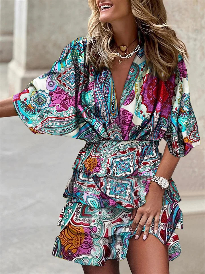 Jurk met ruches - V-hals - Korte mouwen - Minijurk - Zomerjurk-Boutique Moda