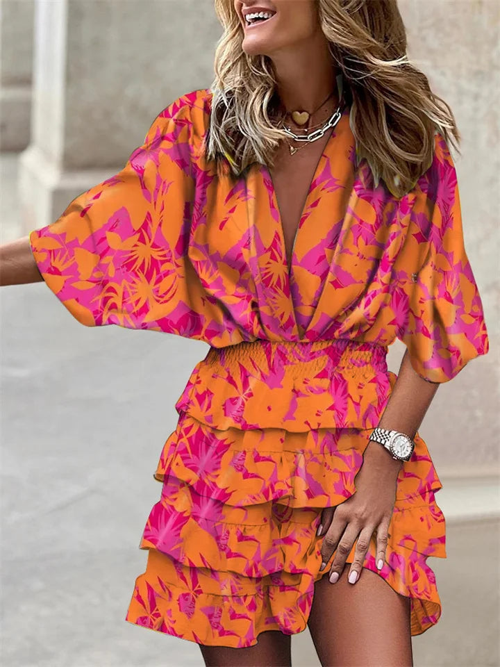 Jurk met ruches - V-hals - Korte mouwen - Minijurk - Zomerjurk-Boutique Moda