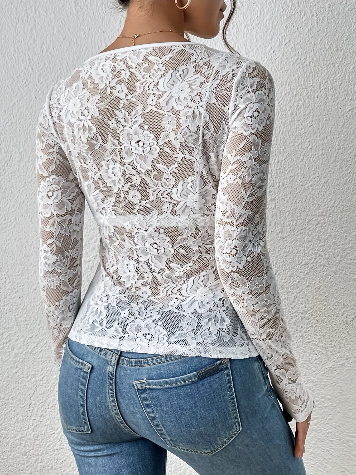 Kanten Blouse | V-Hals | Doorschijnend | Kanten Top | Kanten Top Met Lange Mouwen-Boutique Moda