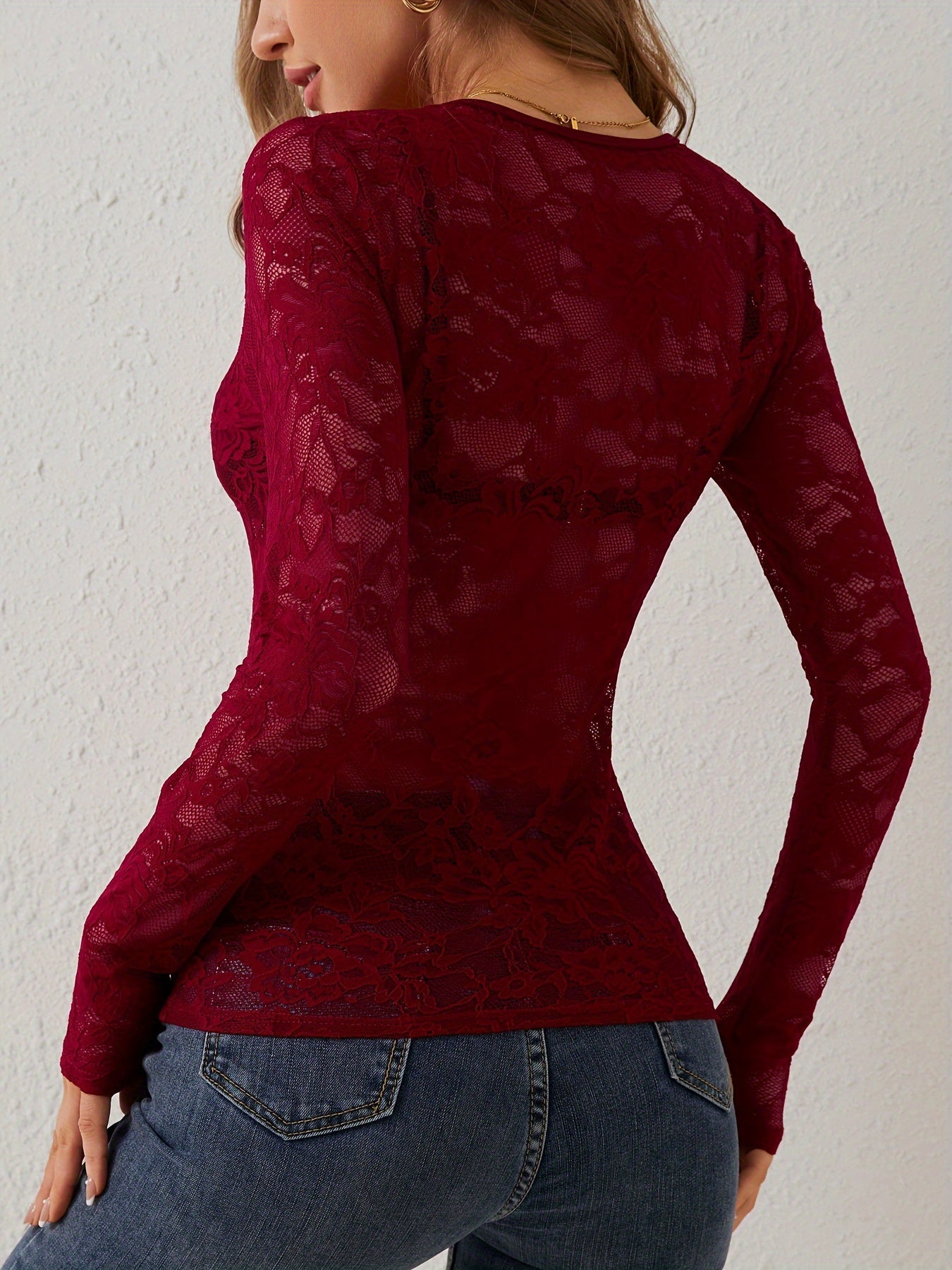Kanten Blouse | V-Hals | Doorschijnend | Kanten Top | Kanten Top Met Lange Mouwen-Boutique Moda