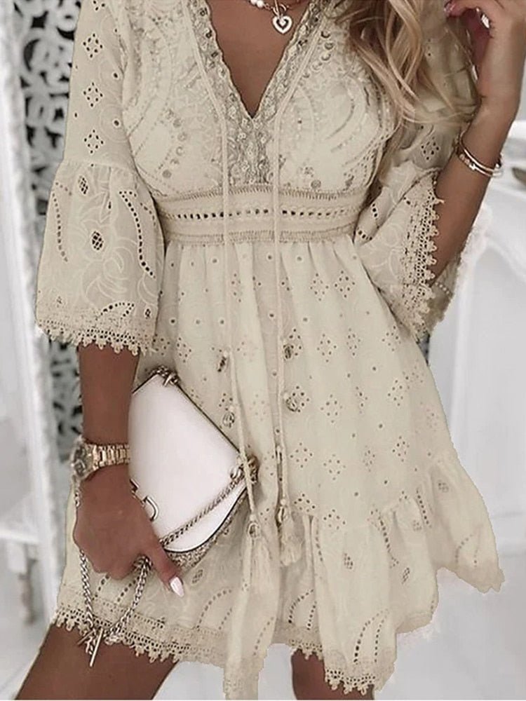 Kanten Jurk | Boho | Wijde Mouw | Mini-jurk | Zomerjurk-Boutique Moda