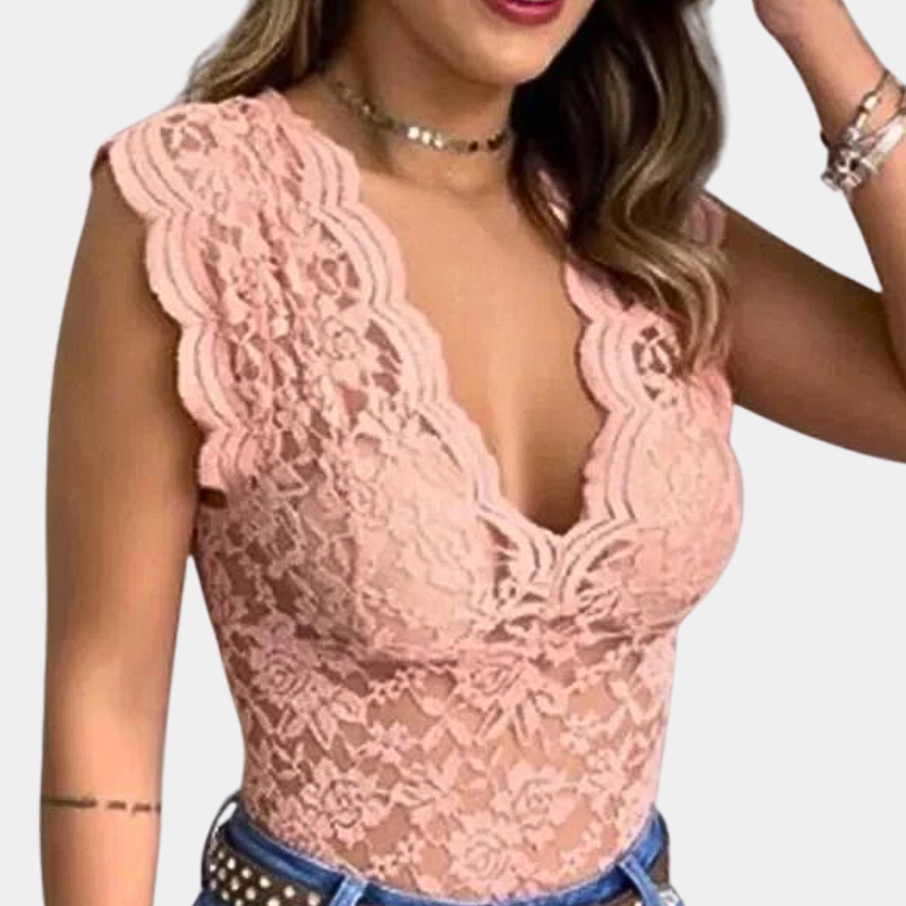 Kanten top | Slim fit | V-hals | Mouwloze kanten top | Dameskleding-Boutique Moda