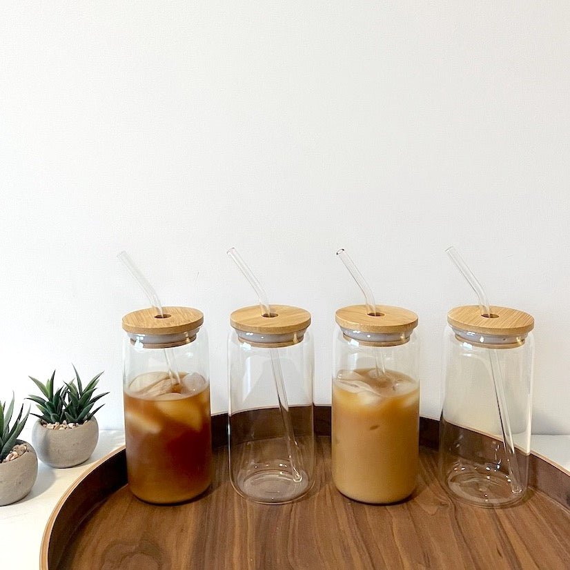 Koffieglazen Set | Bamboe Deksel Glazen Rietje | 4 Stuks-Boutique Moda