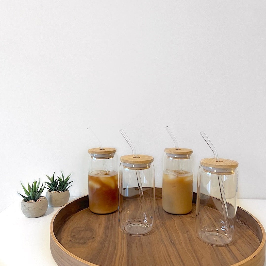 Koffieglazen Set | Bamboe Deksel Glazen Rietje | 4 Stuks-Boutique Moda