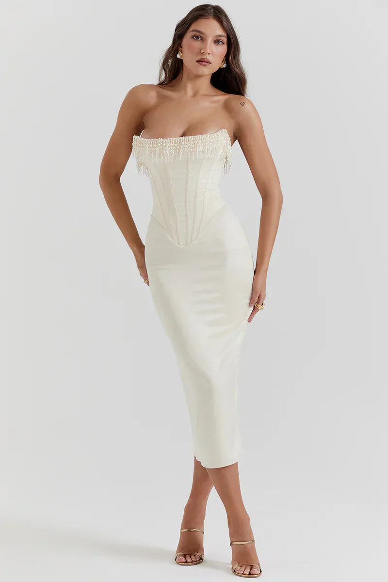 Korsetjurk - Strapless Witte Satijnen Cocktail Midi Jurk-Boutique Moda