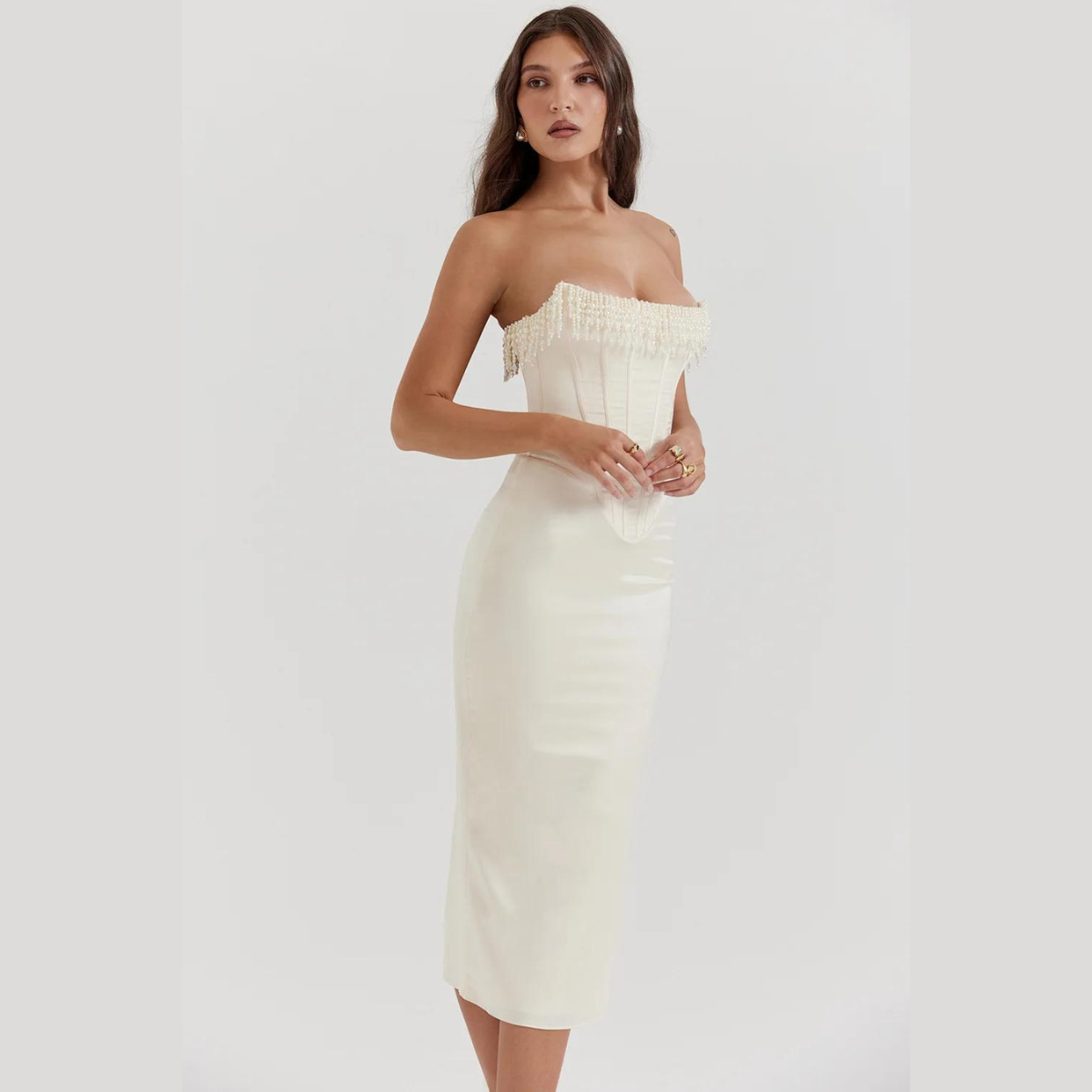 Korsetjurk - Strapless Witte Satijnen Cocktail Midi Jurk-Boutique Moda