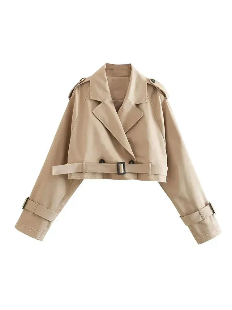 Korte Trenchcoat - Vrouwen Beige Double Breasted Korte Trenchcoat met Riem-Boutique Moda