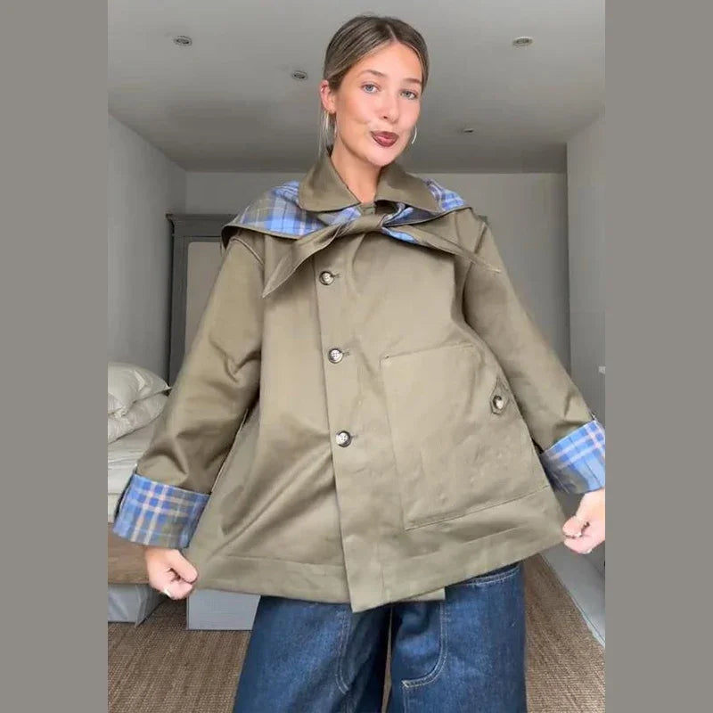 Korte trenchcoat - Olijfgroen - Omkeerbaar - Oversized jas - Damesjas-Boutique Moda