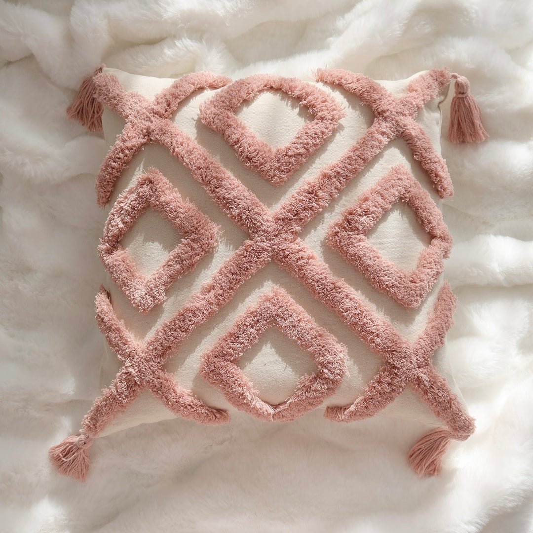 Kussenhoes | Getuft met Kwastjes | Boho Roze Oker-Boutique Moda