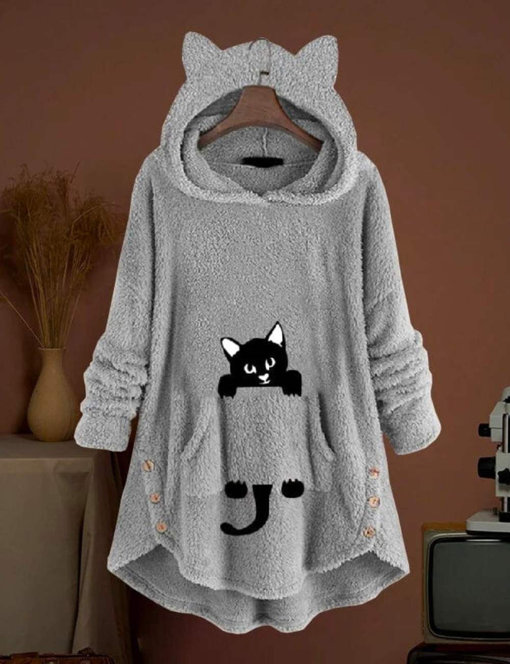 Lange hoodie | Kattenoren | Kattenprint | Fleece hoodie | Hoodiejurk voor dames-Boutique Moda