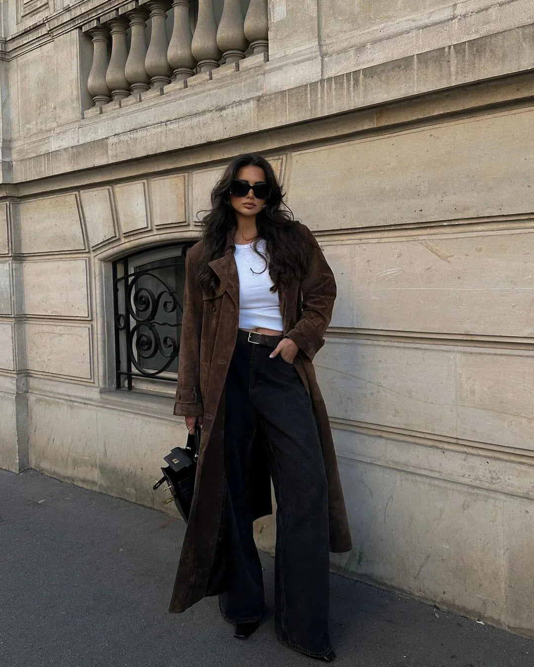 Lange jas | Double Breasted | Bruin | Suedette jas | Damesjassen-Boutique Moda