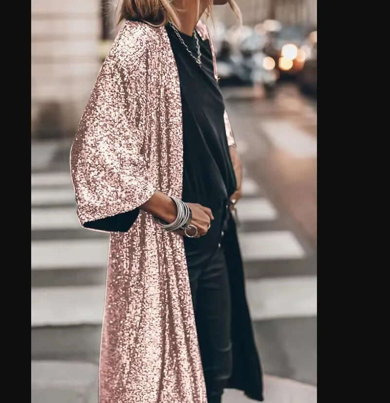 Lange kimono met lovertjes - Open voorkant - Lange mouwen - Glitter kimono - Glitter vest-Boutique Moda