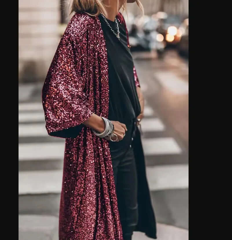 Lange kimono met lovertjes - Open voorkant - Lange mouwen - Glitter kimono - Glitter vest-Boutique Moda